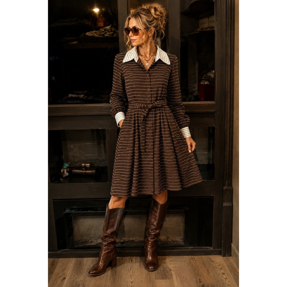 Vintage 70s Moody Street by Puritan Brown Dotted Mod Secretary Dress Belted - Picture 2 of 11